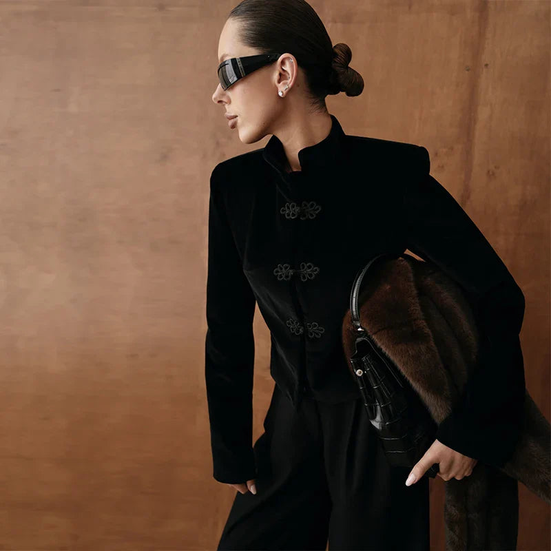 Women Napoleon Jacket | Elegant Office Short Coat | Stand Collar | Spring Jacket | Knotted Jacket Black