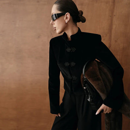 Women Napoleon Jacket | Elegant Office Short Coat | Stand Collar | Spring Jacket | Knotted Jacket Black