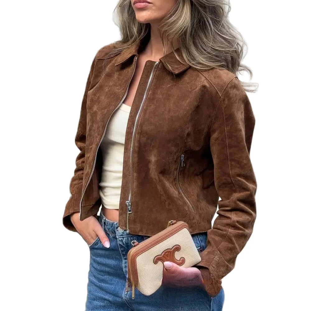 Women Short Suede Jacket | Long Sleeve | Fall | Casual Vintage Jacket