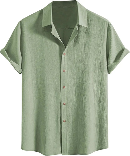 Men Cotton Wrinkle Textured Button Down Shirt | Casual Beach Hawaiian Summer Shirt green