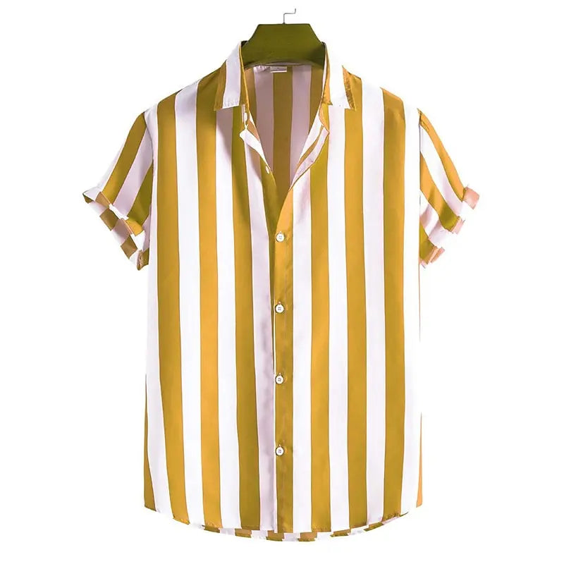 Men Striped Short-Sleeved Button Down Shirt | Casual Loose Lapel Top Yellow
