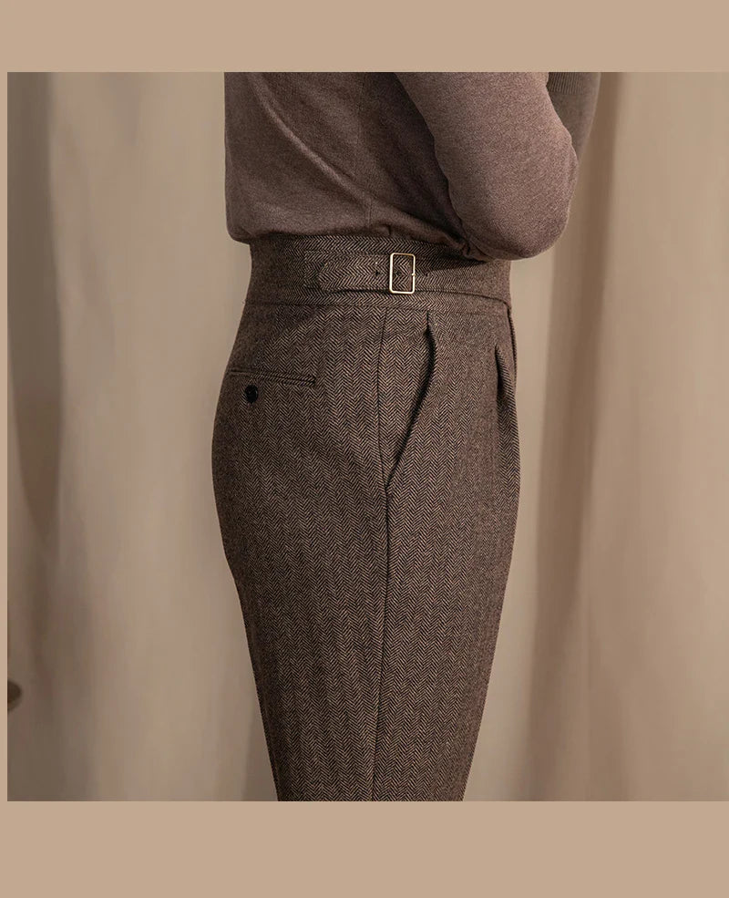 Men Vintage Wool Herringbone Pattern Pants | Casual | British | Warm | High Waist | Straight Pants
