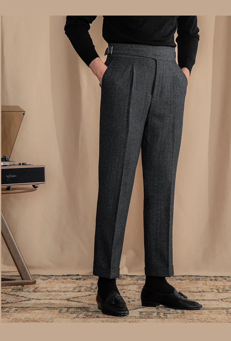 Men Vintage Wool Herringbone Pattern Pants | Casual | British | Warm | High Waist | Straight Pants