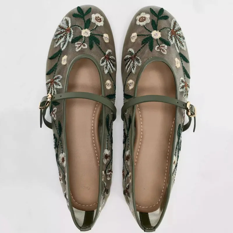 Women Flower Embroidered Mesh Ballet Flats | Mary Jane Shoes | Ballerina Flats | Ballet Pumps