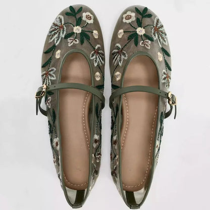 Women Flower Embroidered Mesh Ballet Flats | Mary Jane Shoes | Ballerina Flats | Ballet Pumps