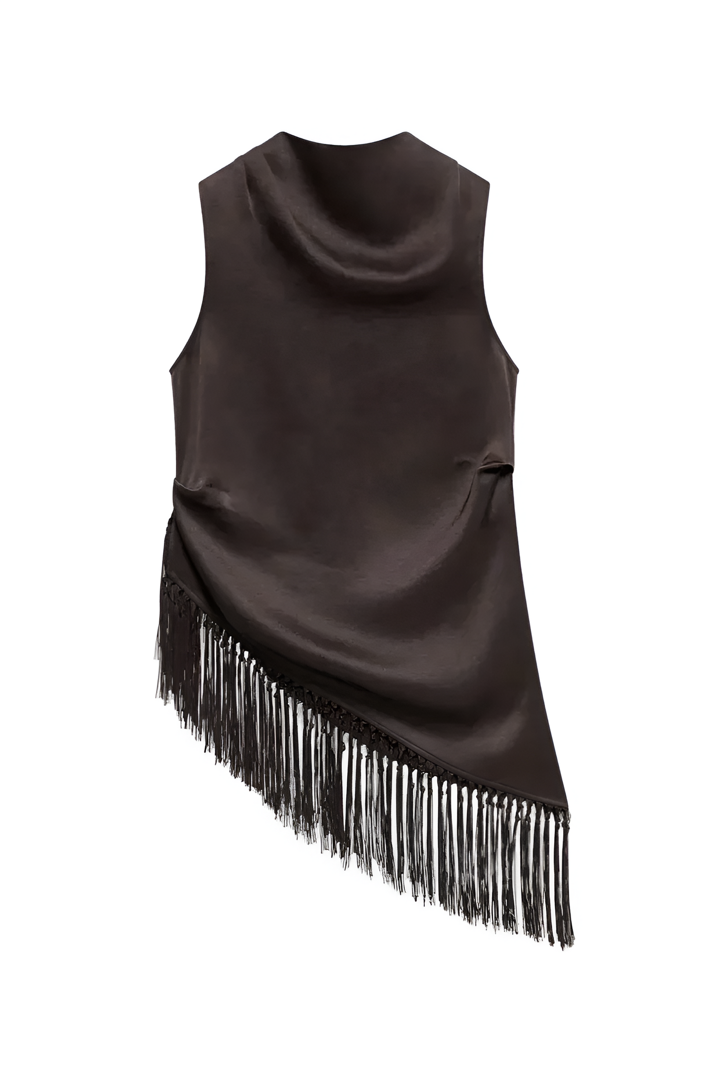Women Summer Satin Tassel Hem Top | Brown | Sleeveless | High Neck | Long Tank Top