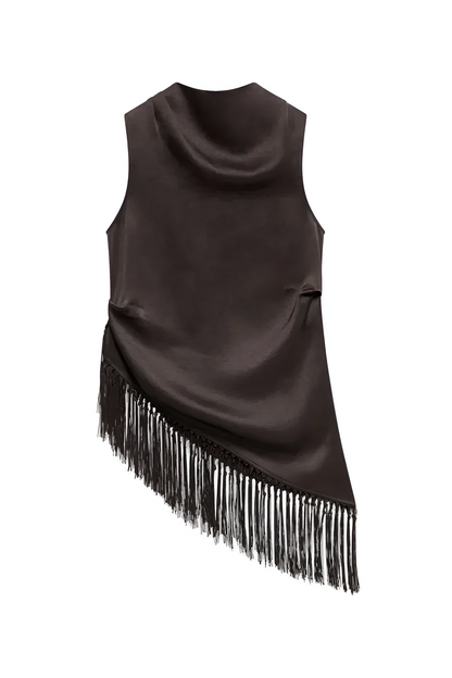 Women Summer Satin Tassel Hem Top | Brown | Sleeveless | High Neck | Long Tank Top