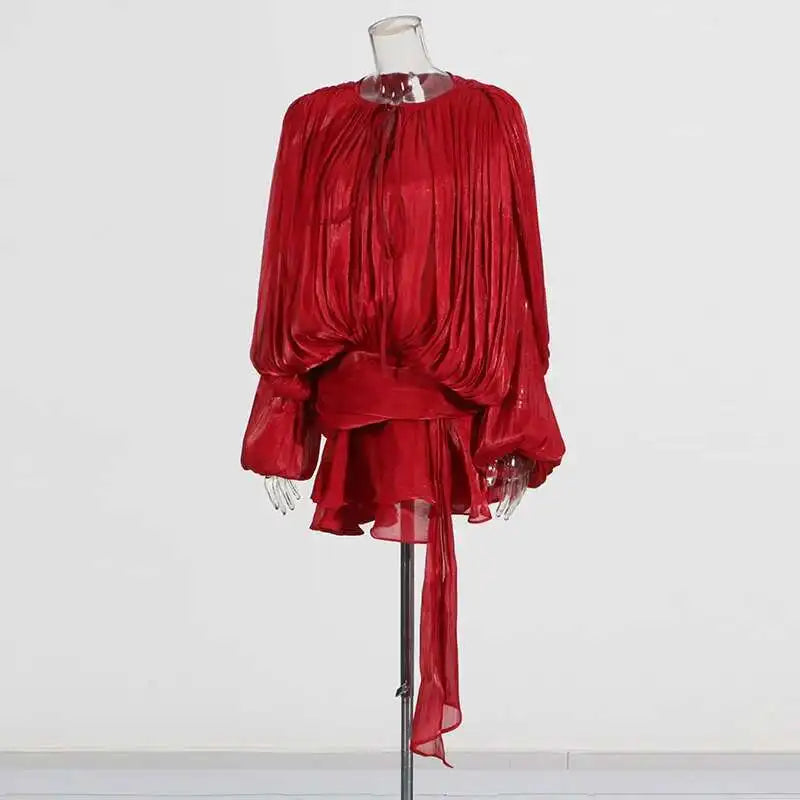 Women Flowy Mini Dress | V Neck | Long Sleeve | Spliced | Lace Up | Blouse Dress