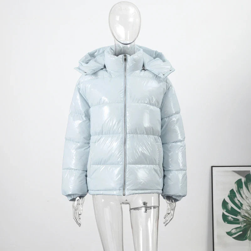 Women Glossy Zipper Hooded Jacket | Windbreaker | Pleated | Short Jacket | Cotton