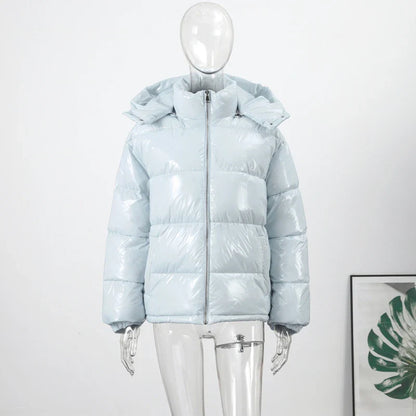 Women Glossy Zipper Hooded Jacket | Windbreaker | Pleated | Short Jacket | Cotton