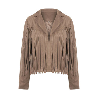 Women Cropped Spring Fringe Jacket | Tassel Jacket Brown