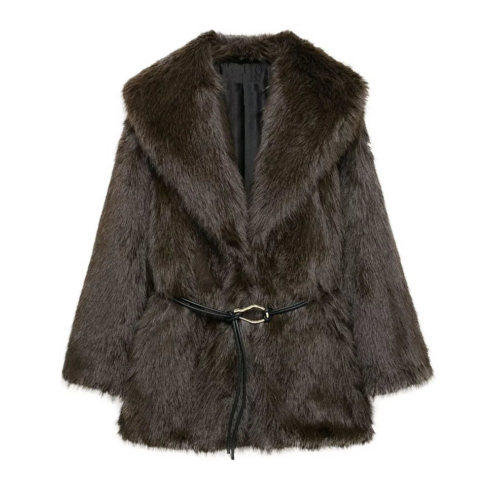 Women Fur Coat with Belt | Medium Long Coat | Long Sleeve | Loose Coat Dark brown