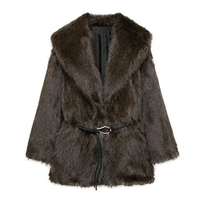 Women Fur Coat with Belt | Medium Long Coat | Long Sleeve | Loose Coat Dark brown