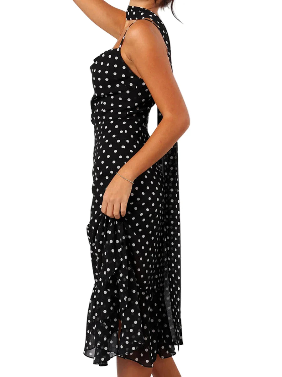 Women Summer Polka Dot Spaghetti Strap Dress | Dot Print | Party Dress with Scarf | Vacation | Beach