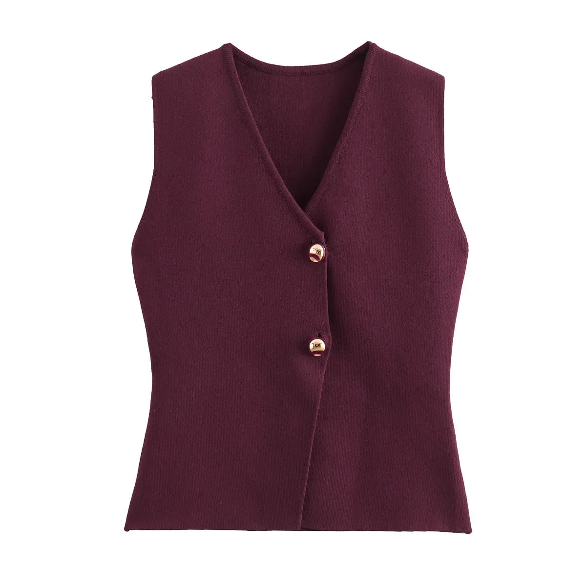 Women V-Neck Pleated Knitted Casual Vest Top | Summer Button Sleeveless Vest Cherry red