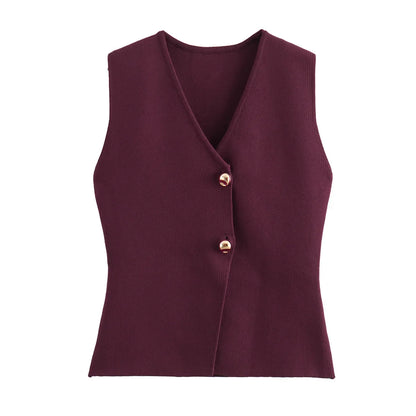 Women V-Neck Pleated Knitted Casual Vest Top | Summer Button Sleeveless Vest Cherry red