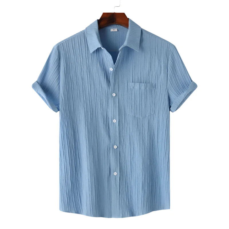 Men Cotton Linen Summer Shirt | Short Sleeve Button Down | Beach Shirt | Casual Breathable Holiday Hawaiian Shirt Light Blue