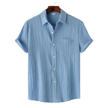 Men Cotton Linen Summer Shirt | Short Sleeve Button Down | Beach Shirt | Casual Breathable Holiday Hawaiian Shirt Light Blue