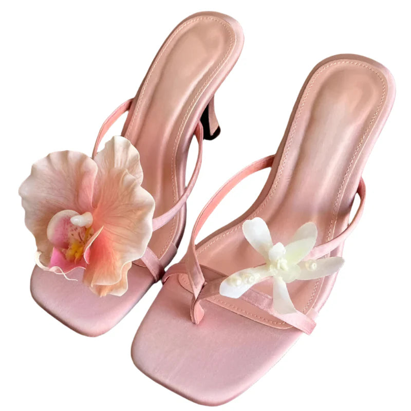 Women Hawaii Asymmetrical Flower Sandals | Thin Heels | Beach Vacation Sandals | Summer Dress Shoe Pink