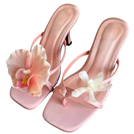 Women Hawaii Asymmetrical Flower Sandals | Thin Heels | Beach Vacation Sandals | Summer Dress Shoe Pink