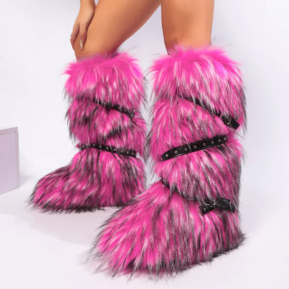 Women Winter Boots | Faux Fur Snow Boots | Warm Long Boots | Plush Over Knee | High Boots | Y2K | Furry Shoes Hot Pink