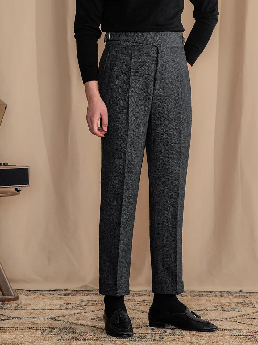 Men Vintage Wool Herringbone Pattern Pants | Casual | British | Warm | High Waist | Straight Pants