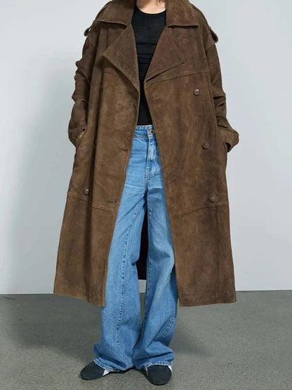 Women Loose Lapel Suede Coat | Long Coat | Autumn | Woolen Coat | Casual | Elegant Brown