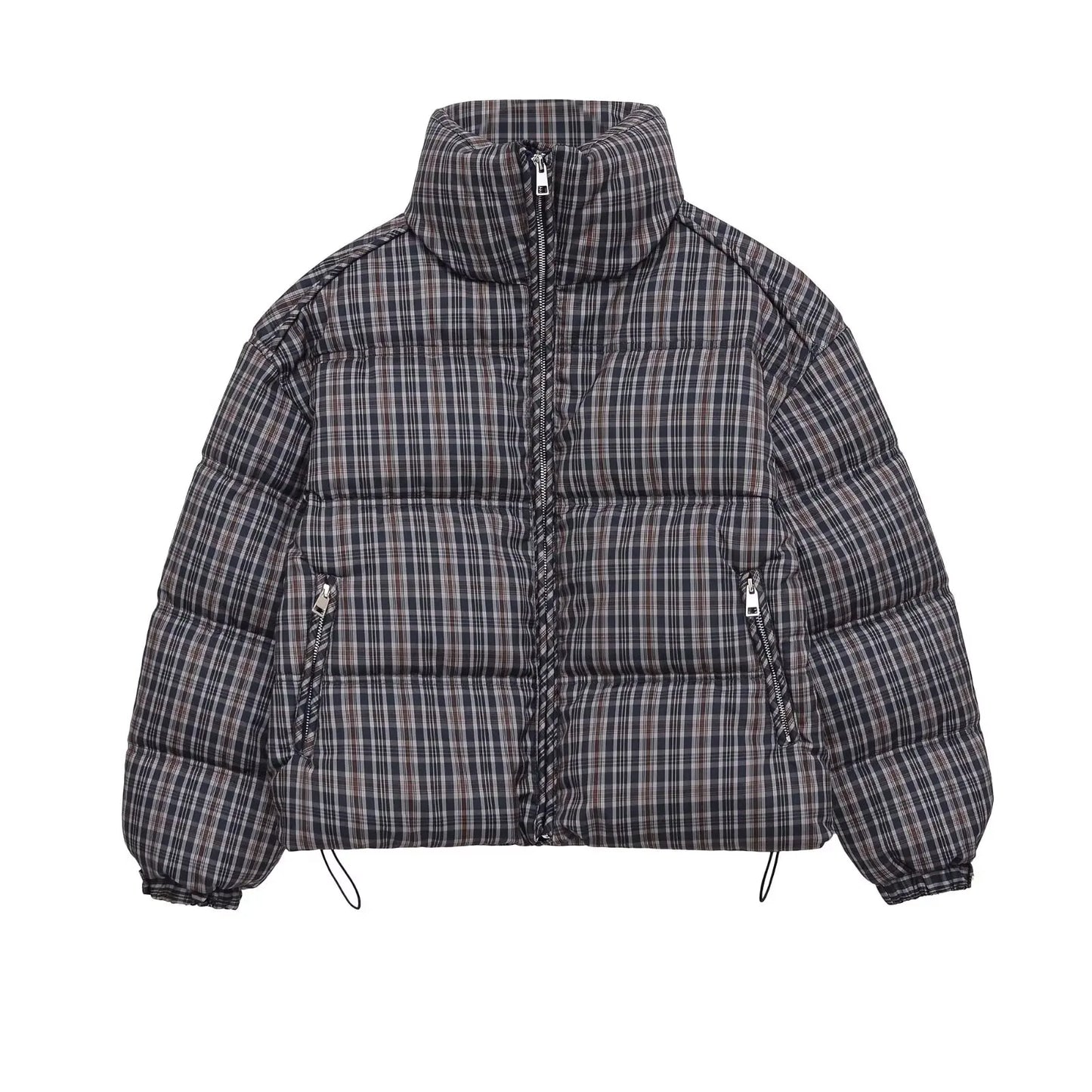 Women Plaid Puffer Jacket | Stand-Collar | Padded | Warm | Check | Parkas Jacket
