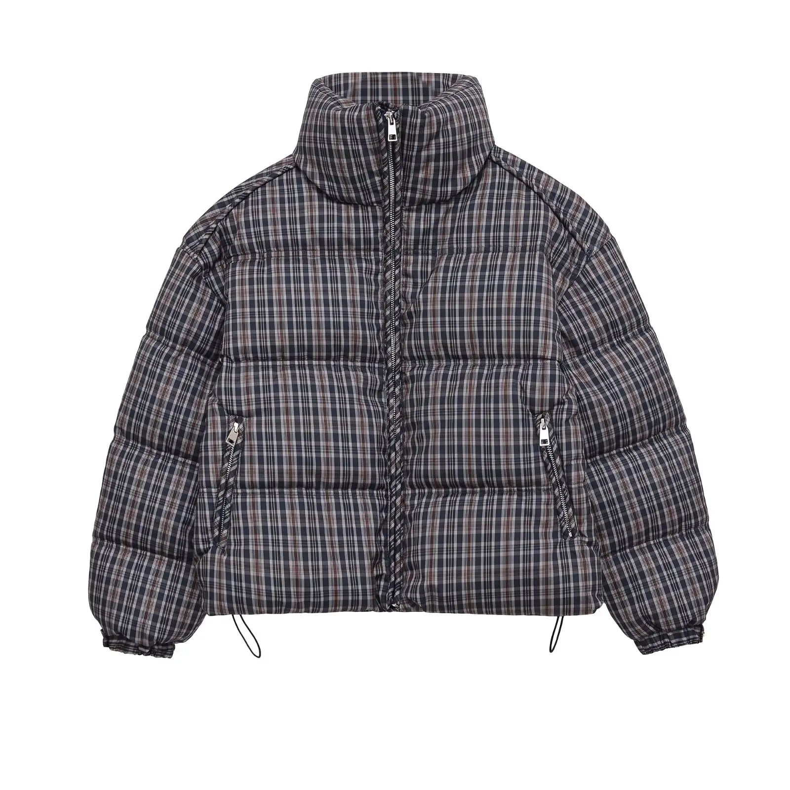 Women Plaid Puffer Jacket | Stand-Collar | Padded | Warm | Check | Parkas Jacket