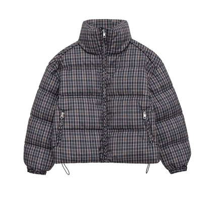 Women Plaid Puffer Jacket | Stand-Collar | Padded | Warm | Check | Parkas Jacket
