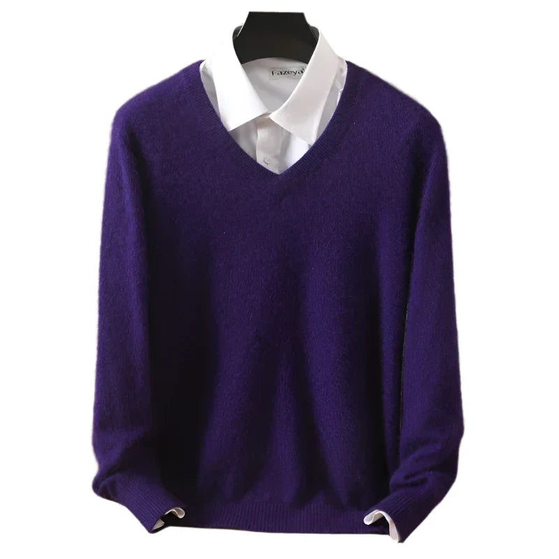 Men Cashmere V-Neck Pullover | Cashmere Knitted Sweater | Mink Winter Long Sleeve Top Purple