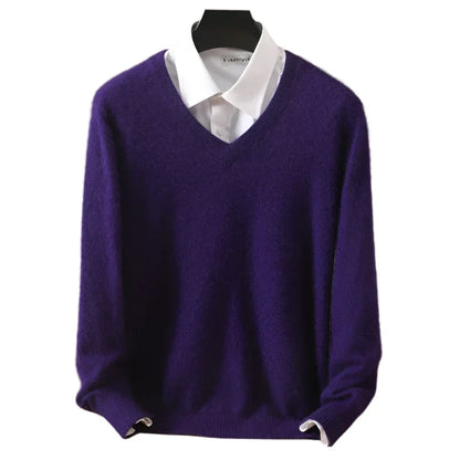 Men Cashmere V-Neck Pullover | Cashmere Knitted Sweater | Mink Winter Long Sleeve Top Purple