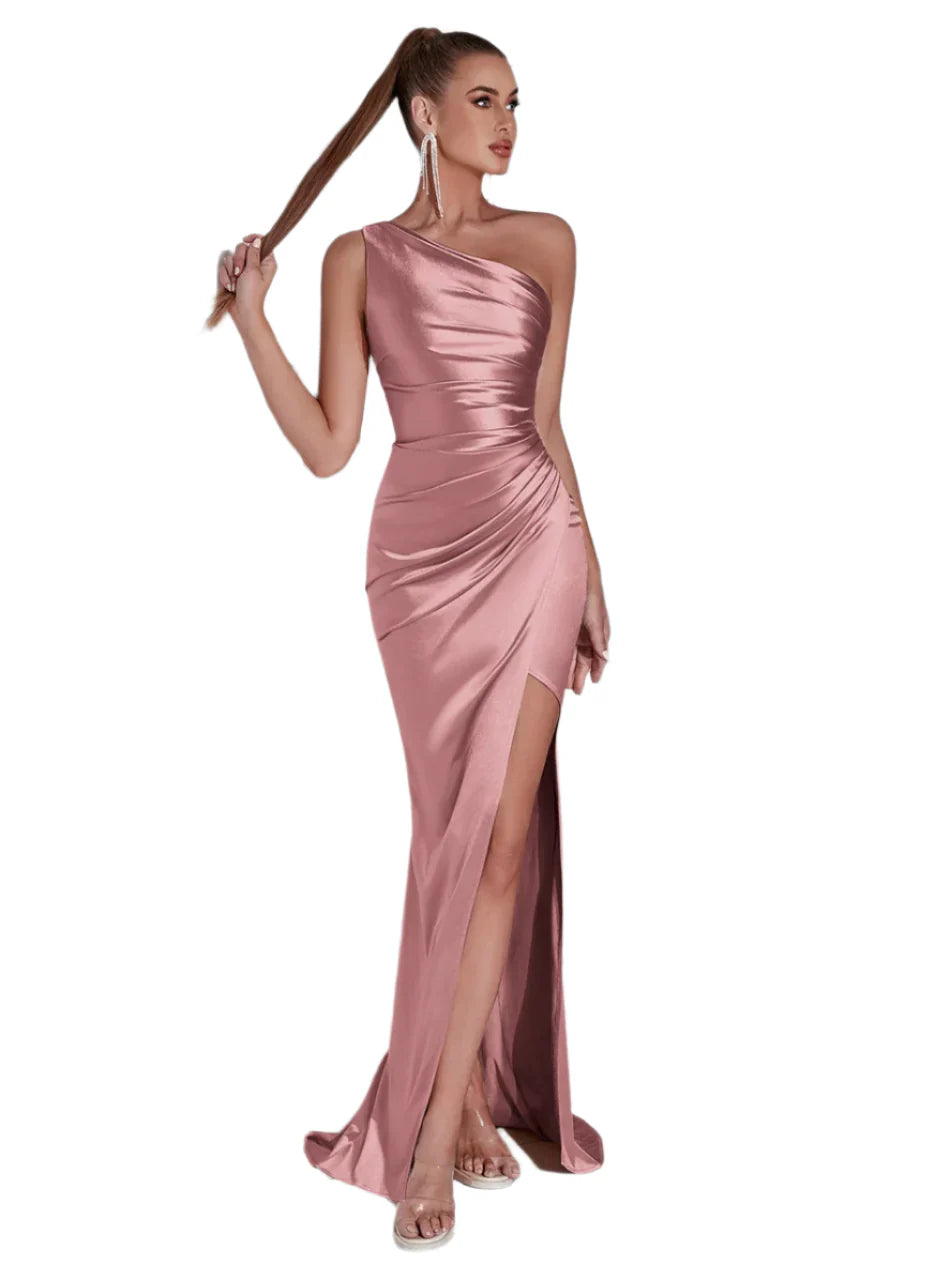 Women Evening Maxi Dress | Wedding Party Dress | One Shoulder Cocktail Dress Pink