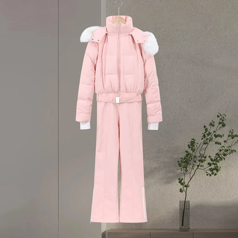 Women Pink Ski Wear Jumpsuit | Long Sleeve | Hoodie | Wide Leg Jumpsuit | Winter | Thick | Warm