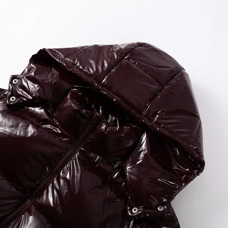 Women Glossy Zipper Hooded Jacket | Windbreaker | Pleated | Short Jacket | Cotton