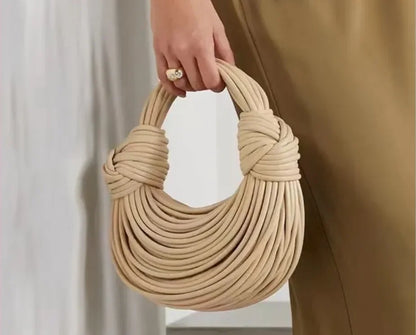 Women Luxury Designer Handwoven Noodle Bag | Rope Knotted | Hobo Evening Clutch Khaki