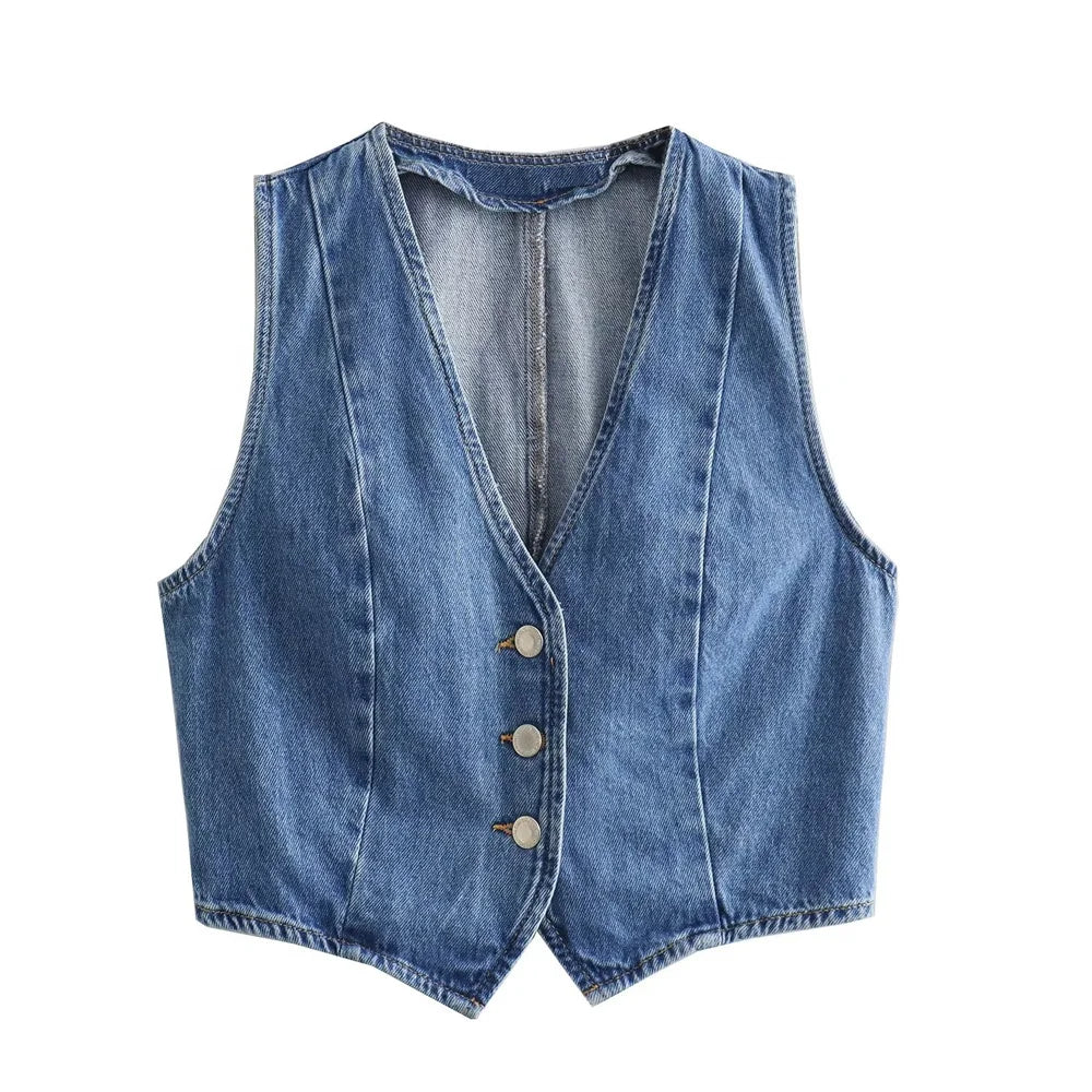 Women Denim V-Neck Vest | Denim Long Skirt | Denim Skirt and Vest Set Blue Top