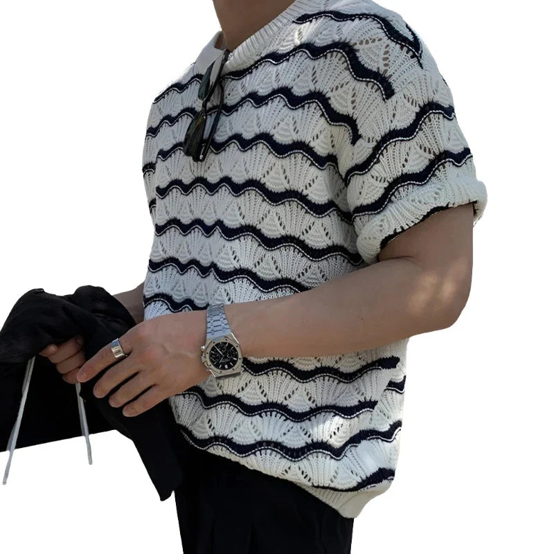 Men Knitted Shirt | Men Striped Summer Shirt | Short Sleeve | Hollow Out Knit