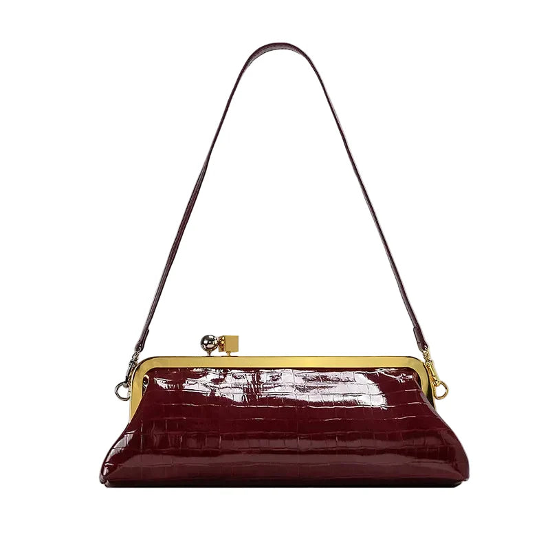 Women Leather Kiss Lock Bag | Long Clutch Bag | Luxury Shoulder Bag | Elegant Party Purse | Underarm Bag Red 2