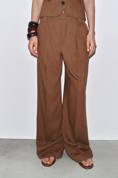 Women Brown Casual Pleated Pants | V Neck Vest Top | Set