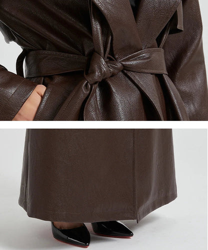 Women Extra Long Leather Trench Coat | Luxury Chic Overcoat | Autumn