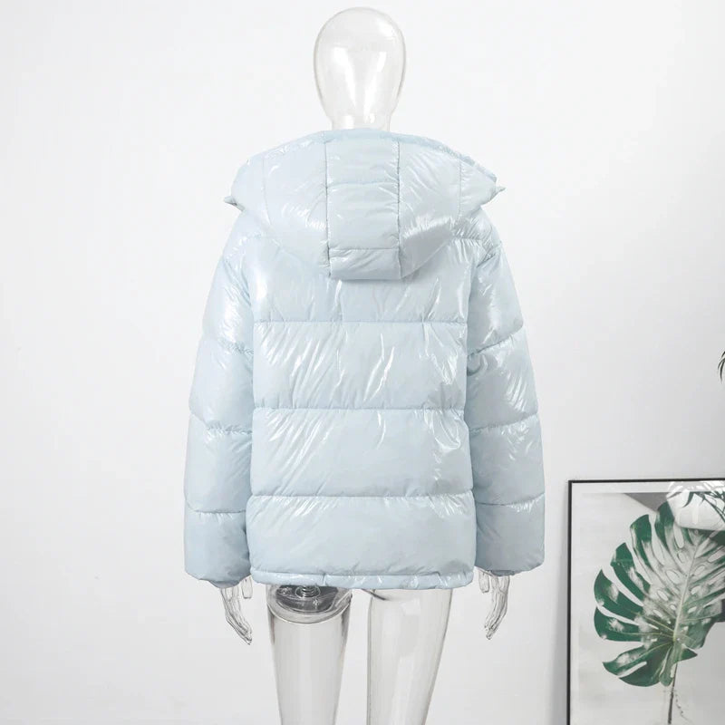 Women Glossy Zipper Hooded Jacket | Windbreaker | Pleated | Short Jacket | Cotton