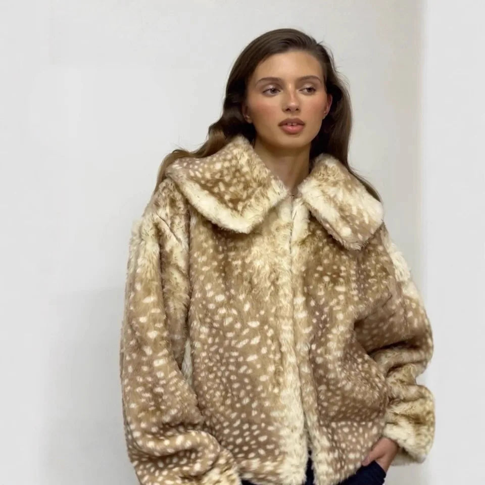 Women Deer Print Fur Coat | Short Coat | Vintage Fur Coat
