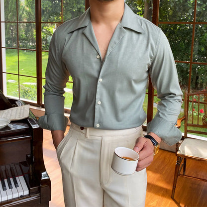 Men Summer Wrinkle Resistant Shirt | Cuban Collar Shirt | Business Shirt | Tuxedo Shirt Green
