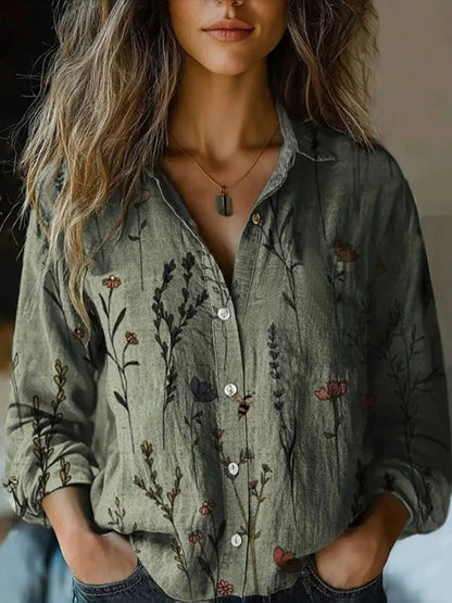 Autumn | Women's Vintage Floral Print Long Sleeve Button-Down Shirt