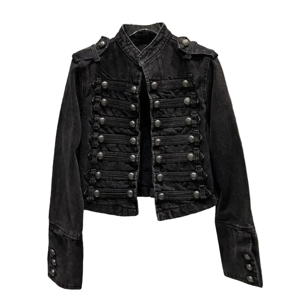 Women Metal Rib Button Denim Jacket | Cropped Jacket | Washed Effect | Napoleon Jacket | Slim