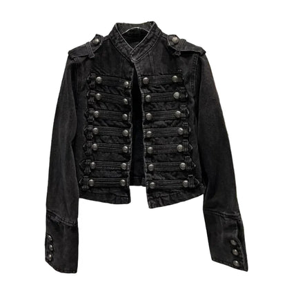 Women Metal Rib Button Denim Jacket | Cropped Jacket | Washed Effect | Napoleon Jacket | Slim