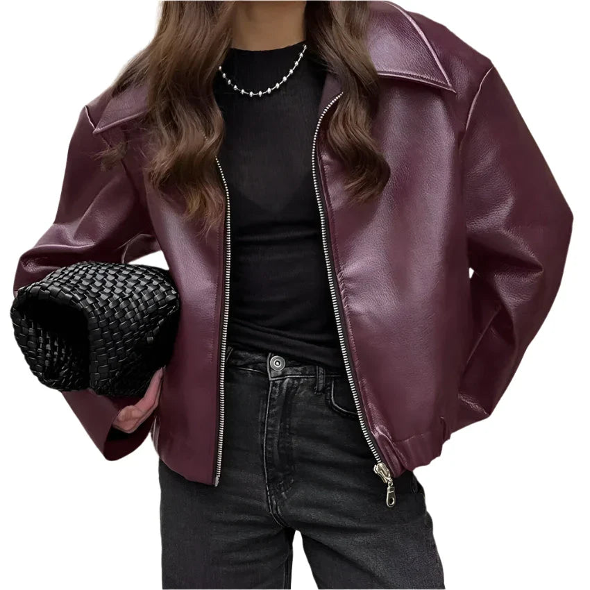 Women Burgundy Leather Zipper Jacket Burgundy