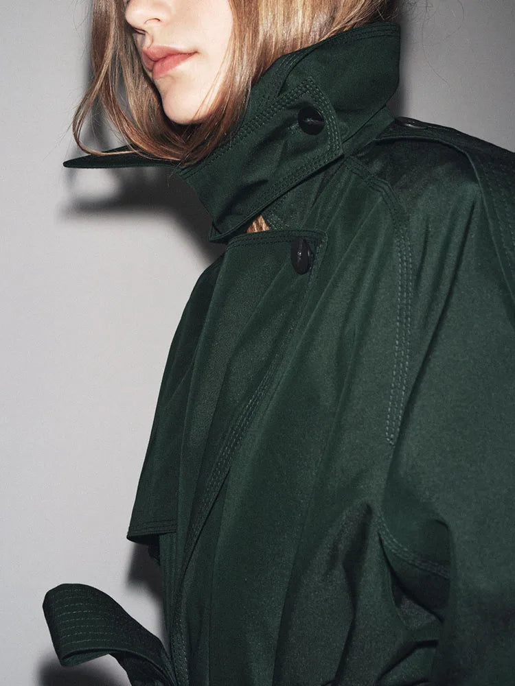 Women Dark Green Trench Coat | Long Coat | Loose | Autumn | Belted