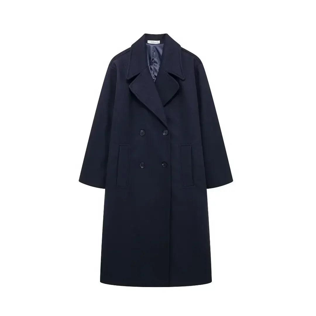 Women Wool Blend Warm Long Coat Jacket | Long Winter Trench Overcoat navy
